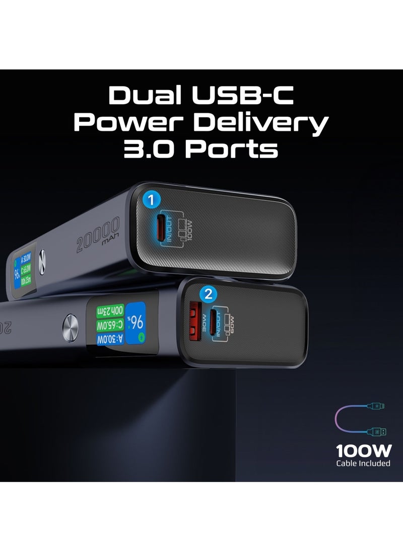 20000 mAh 20000 mAh Ultra Slim Portable Power Pack With 130W Power Delivery Smart TFT LCD Screen USB A QC 3.0 Dual USB C Input Output Ports And Over Heating Protection For iPhone 16 Titan 130 - Grey