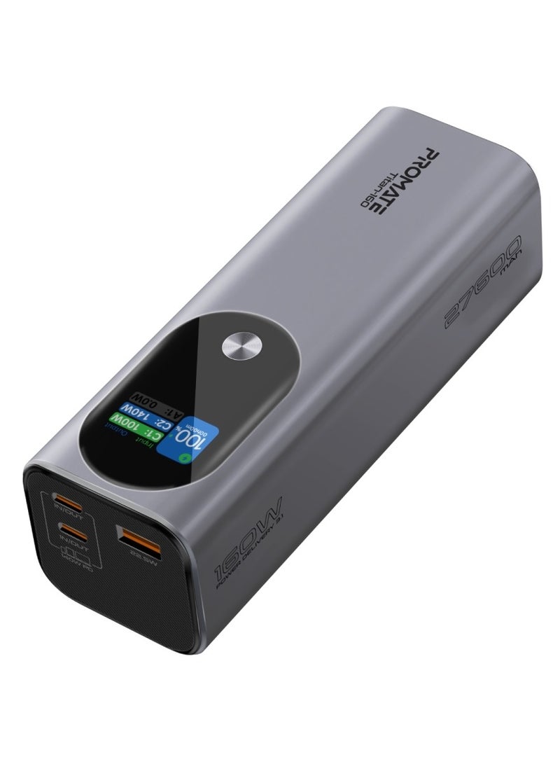 PROMATE - 27600 mAh 27600 mAh Universal Ultra Slim Portable Power Pack With 160W Power Delivery Smart TFT LCD Display USB A QC 3.0 Dual USB C 3.1 Input Output Ports And Charge Protection For iPhone 16 Titan160 - Grey - Image 1