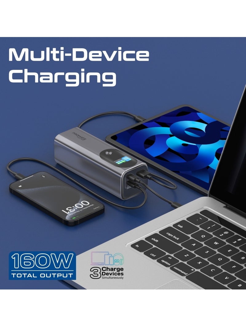PROMATE - 27600 mAh 27600 mAh Universal Ultra Slim Portable Power Pack With 160W Power Delivery Smart TFT LCD Display USB A QC 3.0 Dual USB C 3.1 Input Output Ports And Charge Protection For iPhone 16 Titan160 - Grey - Image 1