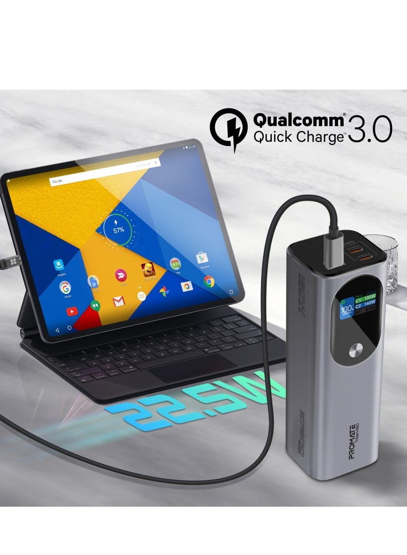 PROMATE - 27600 mAh 27600 mAh Universal Ultra Slim Portable Power Pack With 160W Power Delivery Smart TFT LCD Display USB A QC 3.0 Dual USB C 3.1 Input Output Ports And Charge Protection For iPhone 16 Titan160 - Grey - Image 1