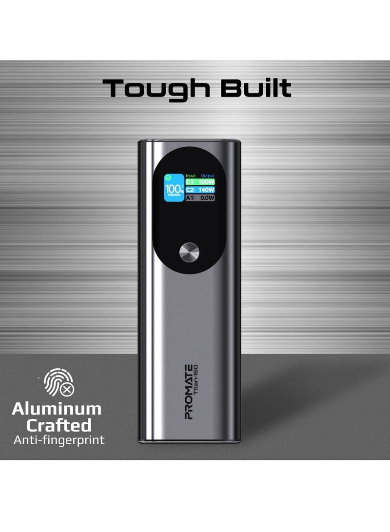 PROMATE - 27600 mAh 27600 mAh Universal Ultra Slim Portable Power Pack With 160W Power Delivery Smart TFT LCD Display USB A QC 3.0 Dual USB C 3.1 Input Output Ports And Charge Protection For iPhone 16 Titan160 - Grey - Image 1