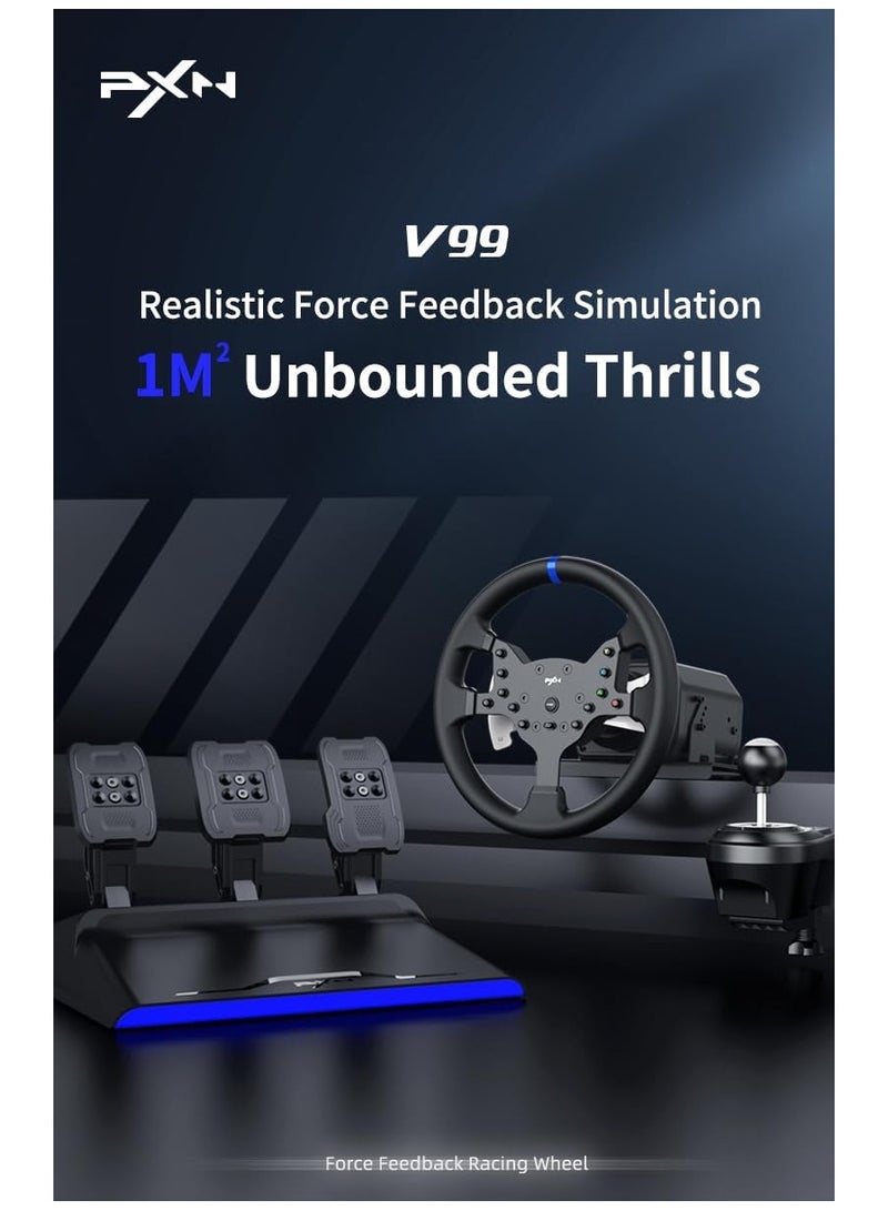PXN - PXN-V99 Gaming Steering Wheel, 270/900° 3Nm Force Feedback Racing Steering Wheel, Disassembly, With Hall Magnetic Induction Pedal, 6+1 Gear Shift Rod Game Racing Steering Wheel For PS4/PS3/Xbox One - Image 1