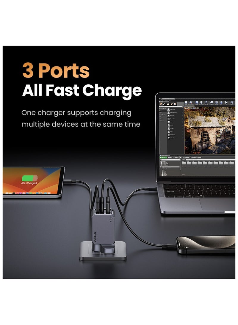 يو جرين - شاحن Nexode Pro GaN بقدرة 65 وات 2C1A USB C محول حائط أحدث GaNII Tech شاحن سفر محمول صغير الحجم من النوع C متوافق مع iPhone Samsung Galaxy S24 /S23/S22 Ultra Huwei Mate 60 Pro Mac Tablet رمادي - Image 1