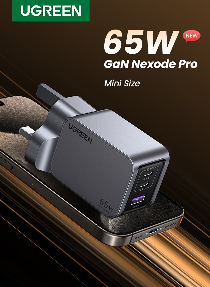 يو جرين شاحن Nexode Pro GaN بقدرة 65 وات 2C1A USB C محول حائط أحدث GaNII Tech شاحن سفر محمول صغير الحجم من النوع C متوافق مع iPhone Samsung Galaxy S24 /S23/S22 Ultra Huwei Mate 60 Pro Mac Tablet رمادي 