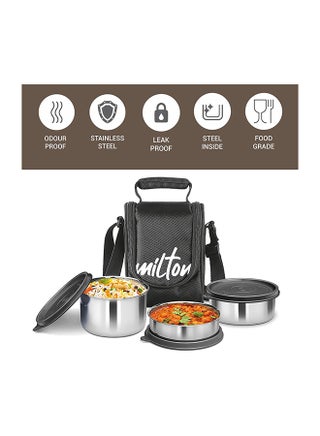 Milton Stainless Steel Lunch Box Tiffin for Kids and Adult – 3 Leakproof Food Containers (210 ml, 340 ml, 500ml) with Fabric Jacket for Office, School, College and Picnic, لانش بوكس Tasty, Black Black 500ml - view 3