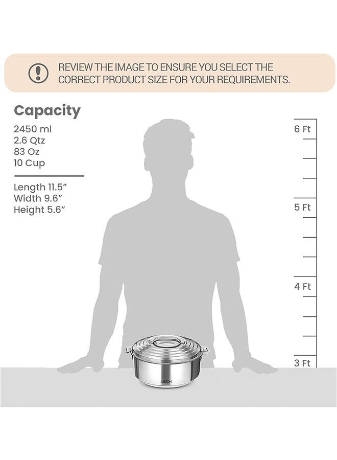 Milton - 2500ml Casserole with Lid, Double-Walled Insulated Stainless Steel Hotpot, Keeps Food Hot/Cold for Hours, Perfect for Serving Chapati, Roti, Biryani and More - Galaxia Silver 2.6 qtml - Image 1