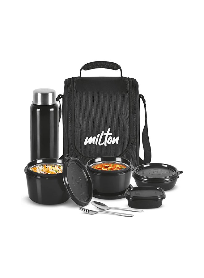 Milton Pro Lunch Microwave Tiffin with Inner Steel Containers,180/320/450 ml- 1 Plastic Sauce pot-100 ml- 1 Steel Water Bottle 750 ml, Spoon and Fork, Easy to Carry Black 450ml 