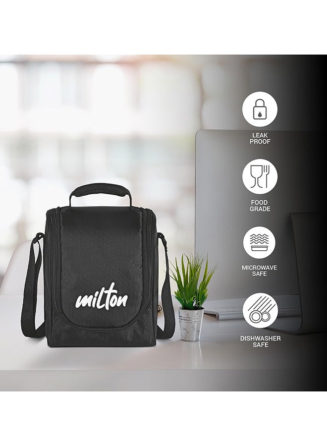 Milton - 8-Piece Pro Lunch Box Set with Insulated Bag & Cutlery - Includes 3 Microwave Safe Inner Steel Food Containers (180ml, 320ml, 450ml), 100ml Plastic Box, 750ml Bottle, Office Tiffin Black 450ml - Image 1
