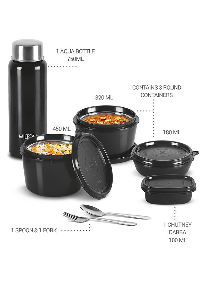 Milton - 8-Piece Pro Lunch Box Set with Insulated Bag & Cutlery - Includes 3 Microwave Safe Inner Steel Food Containers (180ml, 320ml, 450ml), 100ml Plastic Box, 750ml Bottle, Office Tiffin Black 450ml - Image 1