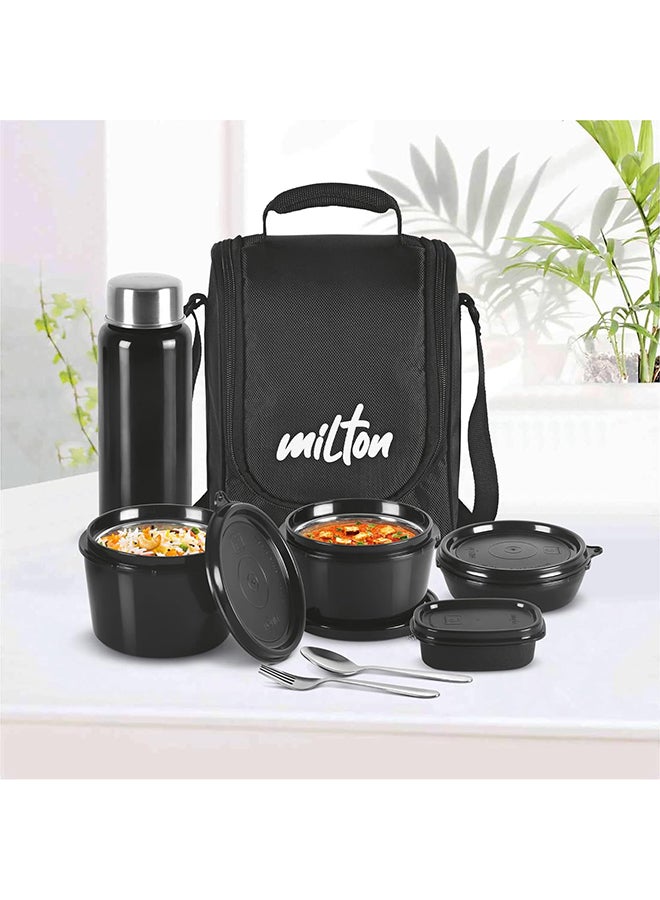 Milton - 8-Piece Pro Lunch Box Set with Insulated Bag & Cutlery - Includes 3 Microwave Safe Inner Steel Food Containers (180ml, 320ml, 450ml), 100ml Plastic Box, 750ml Bottle, Office Tiffin Black 450ml - Image 1
