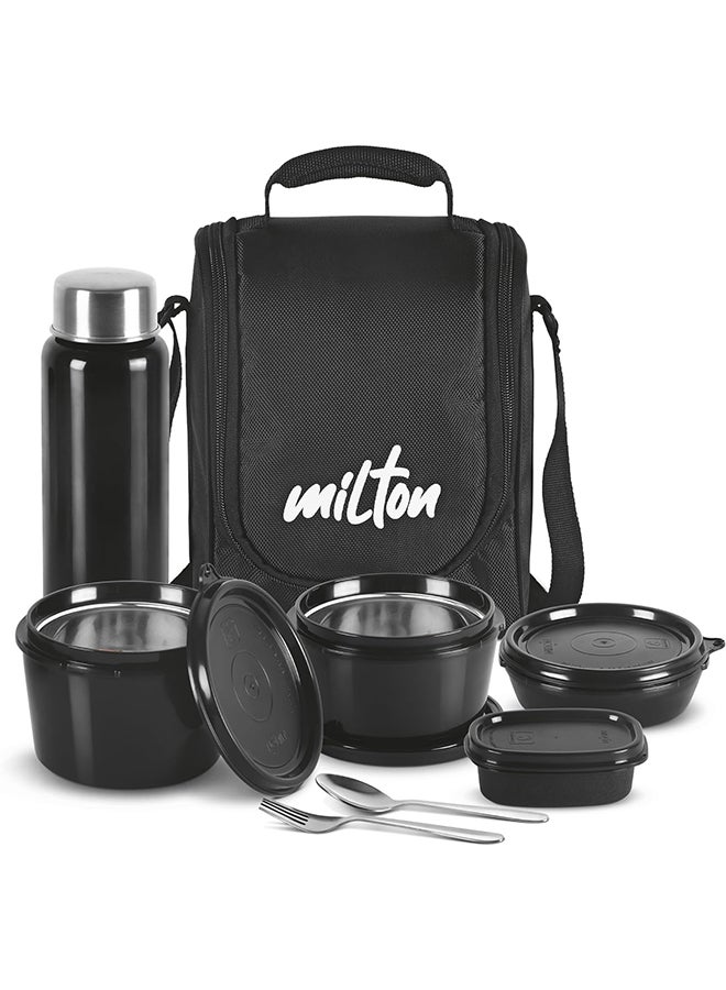 Milton - 8-Piece Pro Lunch Box Set with Insulated Bag & Cutlery - Includes 3 Microwave Safe Inner Steel Food Containers (180ml, 320ml, 450ml), 100ml Plastic Box, 750ml Bottle, Office Tiffin Black 450ml - Image 1
