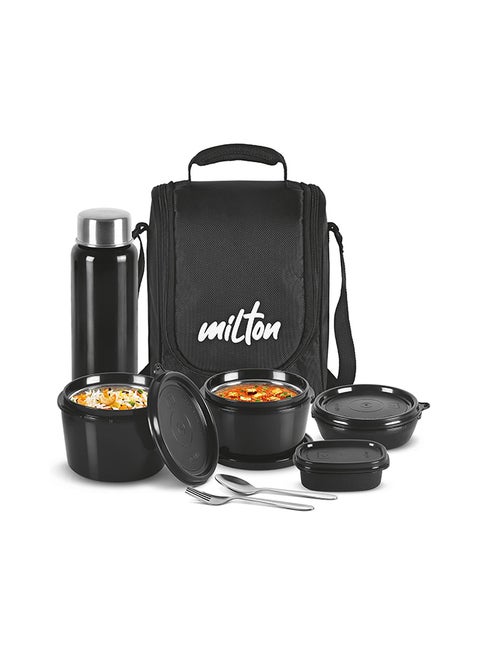 Milton Pro Lunch Box Tiffin Set – 3 Steel Containers (180 ml, 320 ml, 450 ml), Plastic Pickle Box (100 ml), 750 ml Bottle with Insulated Bag, Leak-Proof, Microwave & Dishwasher Safe – Black Black 450ml