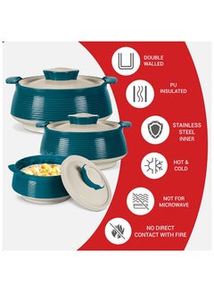 Milton 3-Piece Casserole Set (850ml, 1.35L, 1.85L) Double-Walled Hotpot with PU Insulation & Stainless Steel Inner, Keeps Food Hot/Cold, Perfect for Serving Chapati, Roti & Mandi - Venice Reg Marble Green 1.85Liters  - Image 3