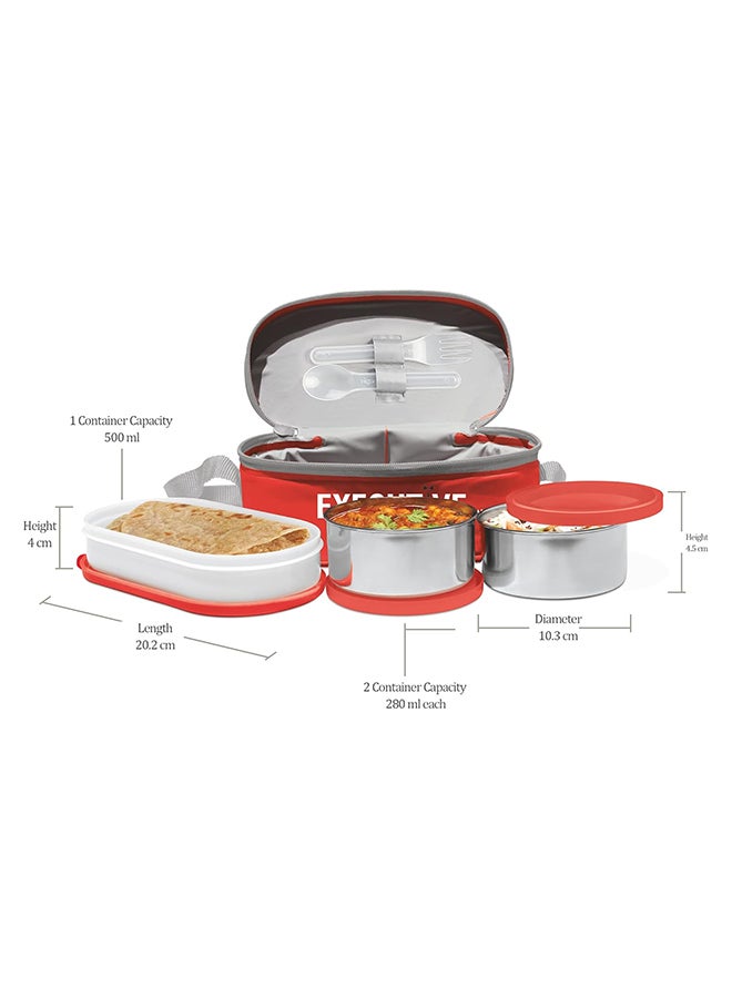 Milton - 6-Piece Lunch Box Set with Insulated Bag & Cutlery - Includes Microwave Safe Oval Plastic Container (500ml) & 2 Stainless Steel Containers (280ml Each), Keeps Food Hot - Executive Red 450ml - Image 1