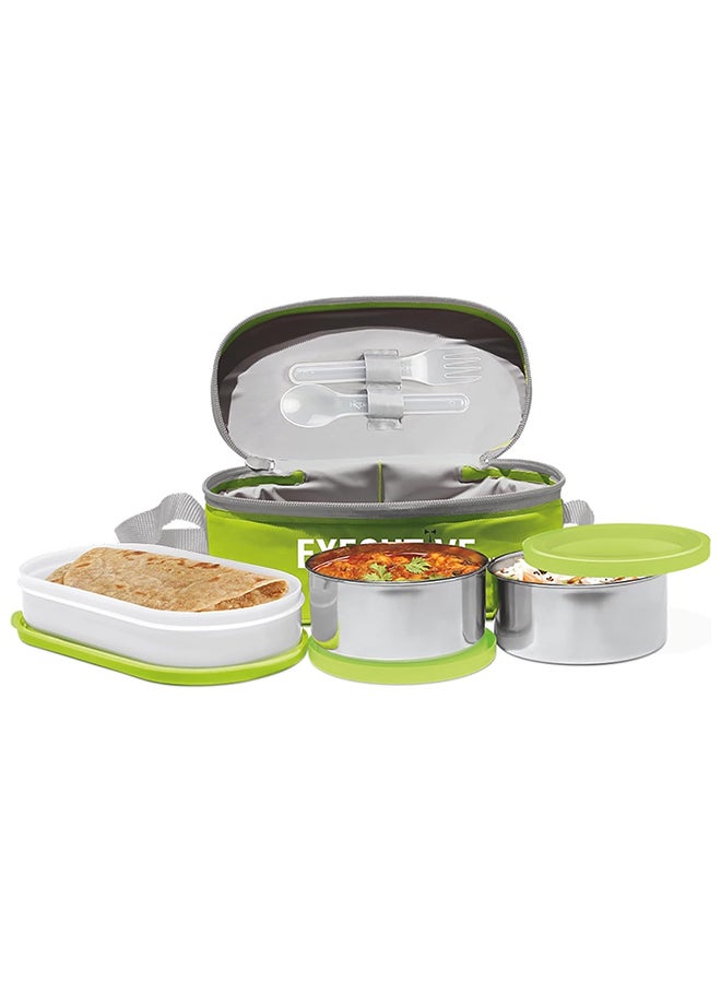 Milton Executive Lunch Box Tiffin Set – 2 Round Steel Containers (280 ml each) & 1 Oval Plastic Container (450 ml), Insulated Bag, Leak-Proof, Easy to Carry, Office Use – Green Green 450ml