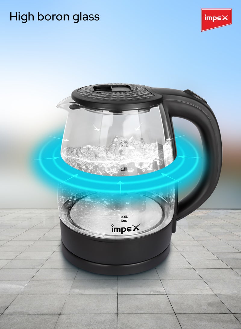 Impex Electric Glass Kettle, High Boron Glass, 360° Turnable Base, Hot Water Kettle Teapot Boiler And Heater, Triple Thermostat, Heat Resistant Handle, Power Indicator 1.8 L 1500 W STEAMER 1805 Black - Image 4