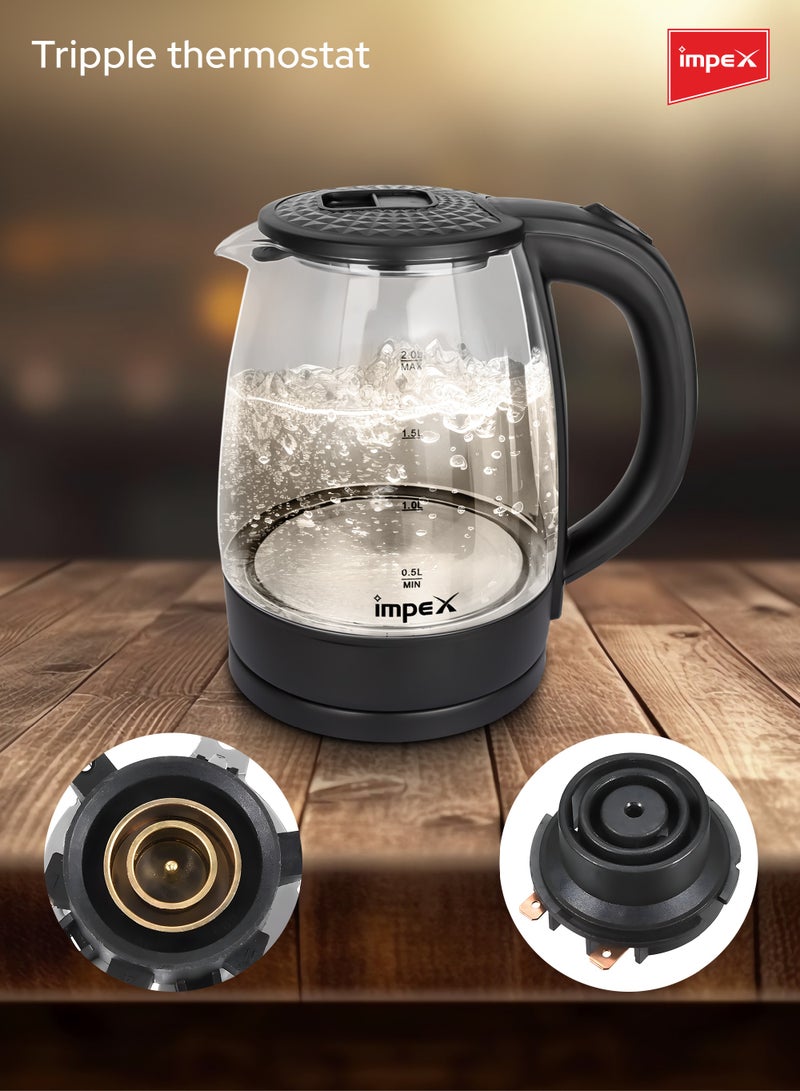 Impex Electric Glass Kettle, High Boron Glass, 360° Turnable Base, Hot Water Kettle Teapot Boiler And Heater, Triple Thermostat, Heat Resistant Handle, Power Indicator 1.8 L 1500 W STEAMER 1805 Black - Image 5