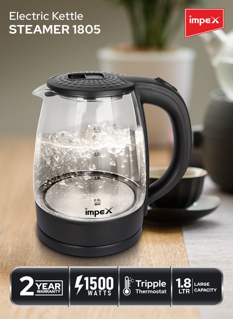 Impex Electric Glass Kettle, High Boron Glass, 360° Turnable Base, Hot Water Kettle Teapot Boiler And Heater, Triple Thermostat, Heat Resistant Handle, Power Indicator 1.8 L 1500 W STEAMER 1805 Black - Image 2