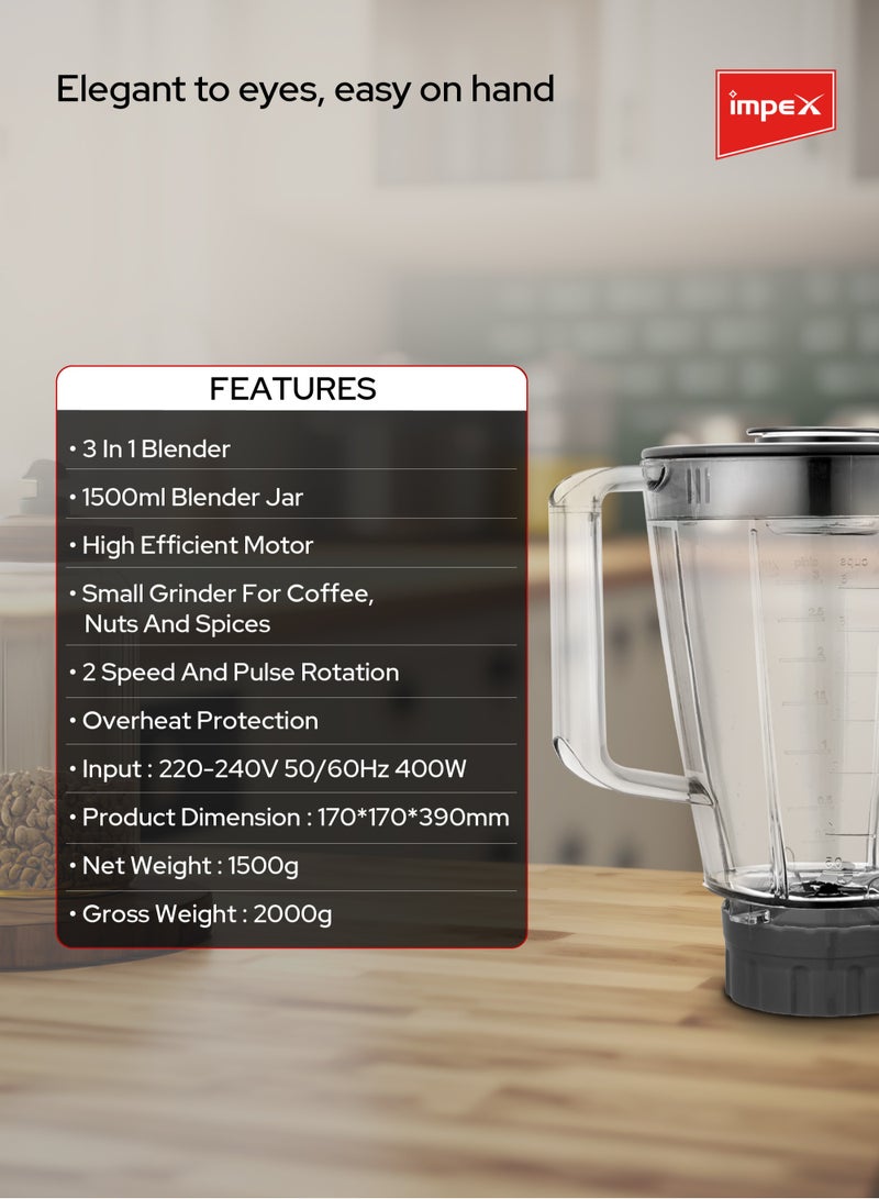 Impex - Blender 3 In 1 Mixer Grinder Unbreakable Jar, Powerful Motor, 2 Speed With Pulse Control, Overheat Protection, Liquidizing Jar, Dry Grinding Jar And Chutney Jar 1.5 L 400 W BL 3533 Red - Image 1