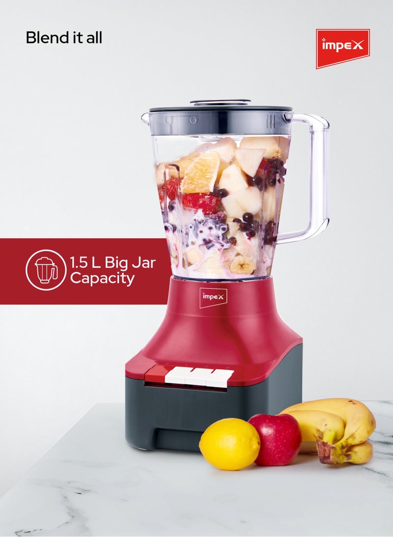 Impex - Blender 3 In 1 Mixer Grinder Unbreakable Jar, Powerful Motor, 2 Speed With Pulse Control, Overheat Protection, Liquidizing Jar, Dry Grinding Jar And Chutney Jar 1.5 L 400 W BL 3533 Red - Image 1