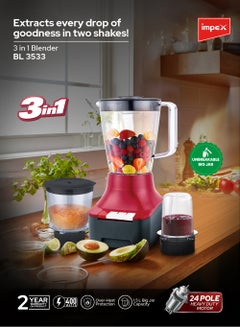Impex Blender 3 In 1 Mixer Grinder Unbreakable Jar, Powerful Motor, 2 Speed With Pulse Control, Overheat Protection, Liquidizing Jar, Dry Grinding Jar And Chutney Jar 1.5 L 400 W BL 3533 Red  - Image 2