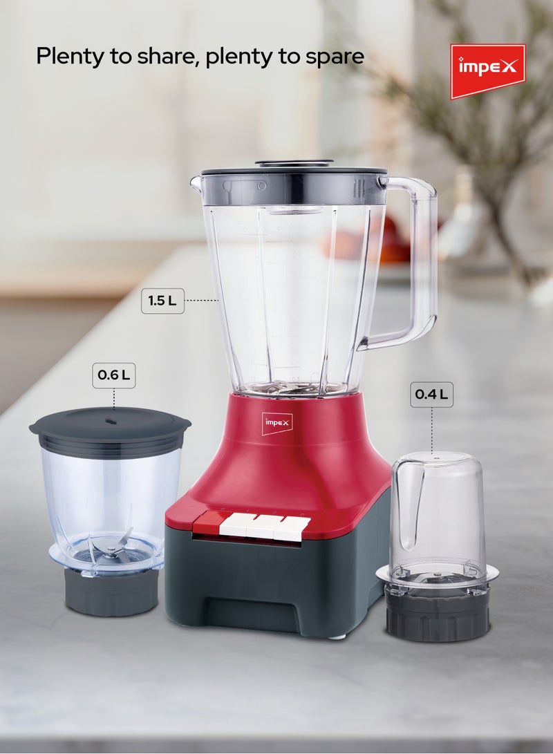 Impex - Blender 3 In 1 Mixer Grinder Unbreakable Jar, Powerful Motor, 2 Speed With Pulse Control, Overheat Protection, Liquidizing Jar, Dry Grinding Jar And Chutney Jar 1.5 L 400 W BL 3533 Red - Image 1