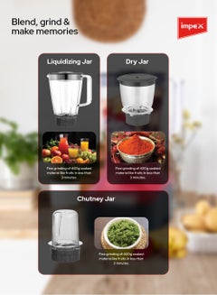 Impex Blender 3 In 1 Mixer Grinder Unbreakable Jar, Powerful Motor, 2 Speed With Pulse Control, Overheat Protection, Liquidizing Jar, Dry Grinding Jar And Chutney Jar 1.5 L 400 W BL 3533 Red  - Image 5