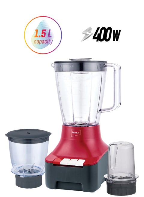 Blender 3 In 1 Mixer Grinder Unbreakable Jar, Powerful Motor, 2 Speed With Pulse Control, Overheat Protection, Liquidizing Jar, Dry Grinding Jar And Chutney Jar 1.5 L 400 W BL 3533 Red