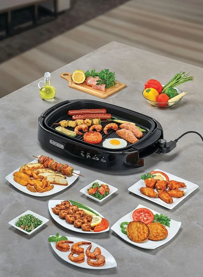 BLACK+DECKER Electric Health Grill, Family-Sized Non-Stick Griddle with Glass Lid, 5-Level Temperature Control, Cool-Touch Handles, Efficient Fat Draining, Dishwasher Safe, 1500 W GH1500-B5 Black