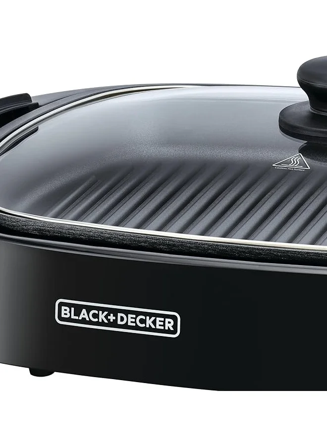BLACK+DECKER Electric Health Grill, Family-Sized Non-Stick Griddle with Glass Lid, 5-Level Temperature Control, Cool-Touch Handles, Efficient Fat Draining, Dishwasher Safe, 1500 W GH1500-B5 Black