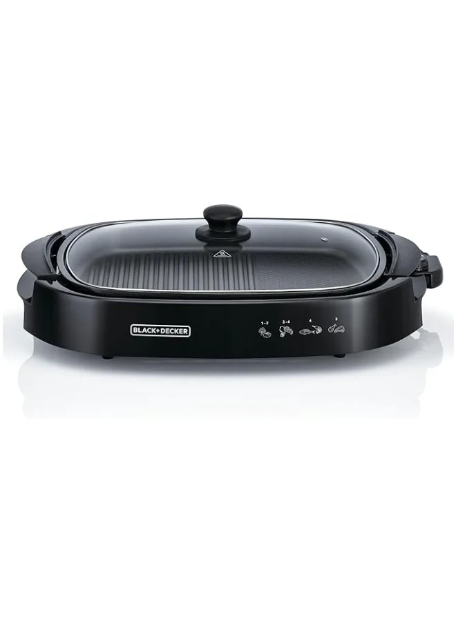 BLACK+DECKER Electric Health Grill, Family-Sized Non-Stick Griddle with Glass Lid, 5-Level Temperature Control, Cool-Touch Handles, Efficient Fat Draining, Dishwasher Safe, 1500 W GH1500-B5 Black