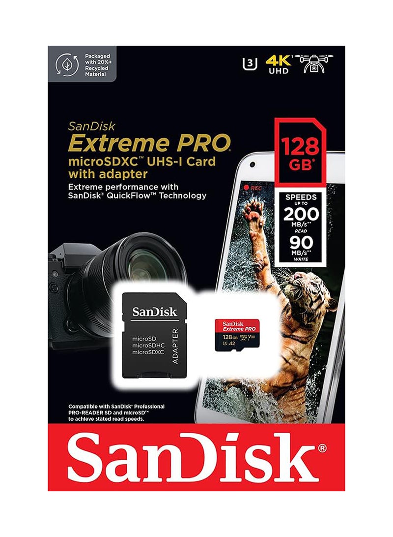 Sandisk - 128GB Extreme Pro microSD UHS I Card for 4K Video on Smartphones, Action Cams & Drones 200MB/s Read, 90MB/s Write, SDSQXCD 128G GN6MA, Red/Black 128 GB - Image 1