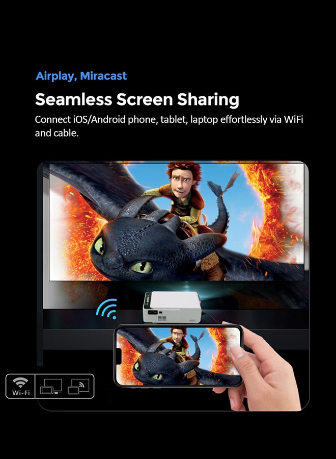 Wownect - T5 Mini Projector 100 ANSI Lumens With 100 Inch Projector Screen Airplay/Miracast Wireless Mobile Mirroring WiFi YouTube Home Theater Video Projector T5 Wifi White - Image 1