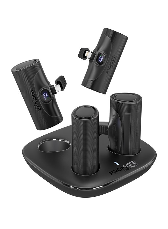 PROMATE 5000 mAh 4-Piece Power Bank Kit with Built-In USB-C™ and Lightning PD Connectors, Premium 5000mAh Mini Capsule Fast Charging Power Bank, LED Display, and Foldable Kickstand Black  - Image 1