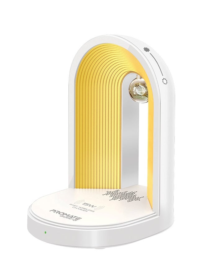 PROMATE LED Night Lamp With Premium 15W Qi Wireless Charger, Bluetooth Speaker, Adjustable Brightness, Charging Protection, Touch Control, Stylish Design and 360° Surround Sound White  - Image 1