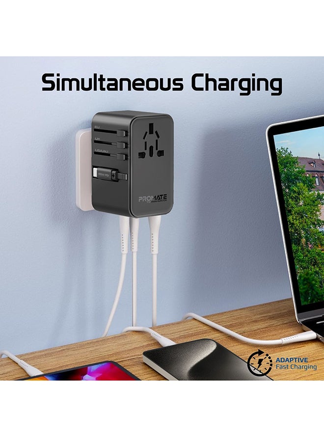 بروميت - محول سفر عالمي مع شاحن GaN، ومقبس تيار متردد بقدرة 2500 وات، وتوصيل طاقة USB-C بقدرة 70 وات، ومنفذ QC 3.0 بقدرة 30 وات، وكابل USB-C مدمج قابل للسحب للشحن السريع، TripMate-GaN70R أسود - Image 1