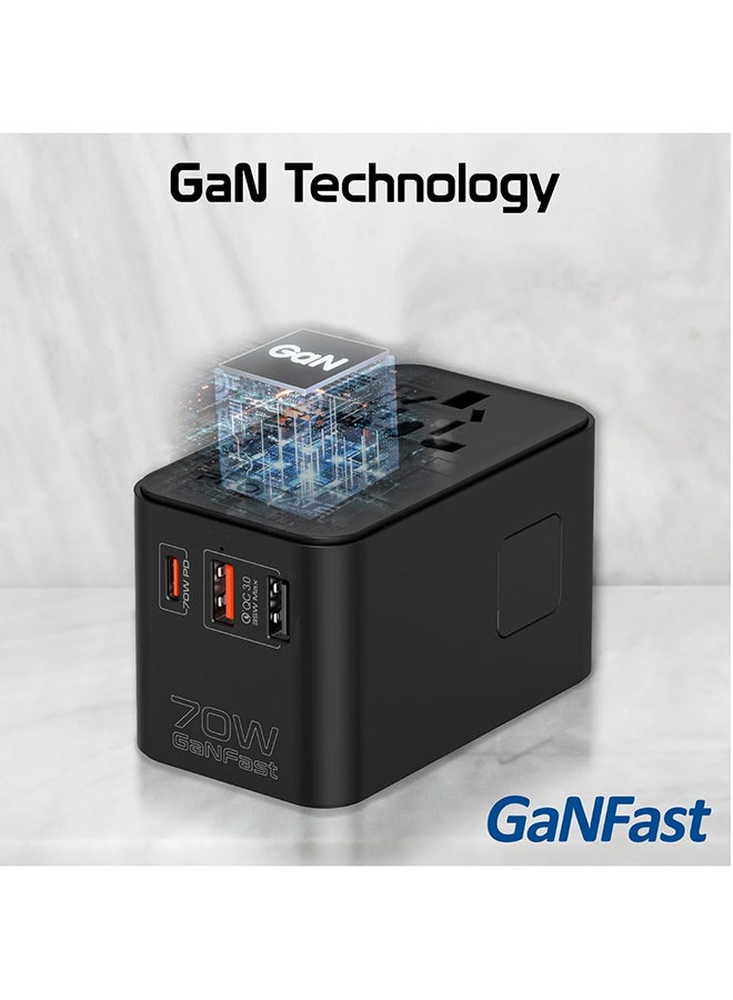 بروميت - محول سفر عالمي مع شاحن GaN، ومقبس تيار متردد بقدرة 2500 وات، وتوصيل طاقة USB-C بقدرة 70 وات، ومنفذ QC 3.0 بقدرة 30 وات، وكابل USB-C مدمج قابل للسحب للشحن السريع، TripMate-GaN70R أسود - Image 1