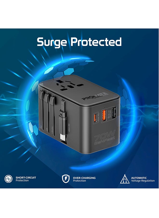 بروميت - محول سفر عالمي مع شاحن GaN، ومقبس تيار متردد بقدرة 2500 وات، وتوصيل طاقة USB-C بقدرة 70 وات، ومنفذ QC 3.0 بقدرة 30 وات، وكابل USB-C مدمج قابل للسحب للشحن السريع، TripMate-GaN70R أسود - Image 1