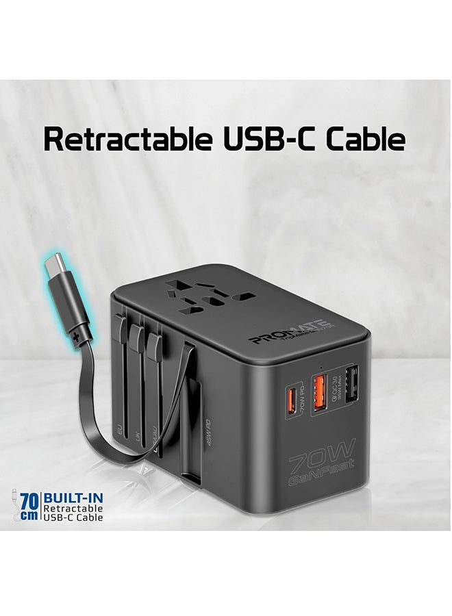 بروميت - محول سفر عالمي مع شاحن GaN، ومقبس تيار متردد بقدرة 2500 وات، وتوصيل طاقة USB-C بقدرة 70 وات، ومنفذ QC 3.0 بقدرة 30 وات، وكابل USB-C مدمج قابل للسحب للشحن السريع، TripMate-GaN70R أسود - Image 1