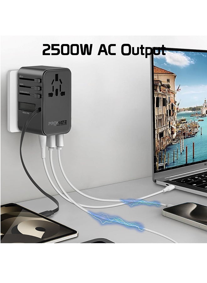 بروميت - محول سفر عالمي مع شاحن GaN، ومقبس تيار متردد بقدرة 2500 وات، وتوصيل طاقة USB-C بقدرة 70 وات، ومنفذ QC 3.0 بقدرة 30 وات، وكابل USB-C مدمج قابل للسحب للشحن السريع، TripMate-GaN70R أسود - Image 1