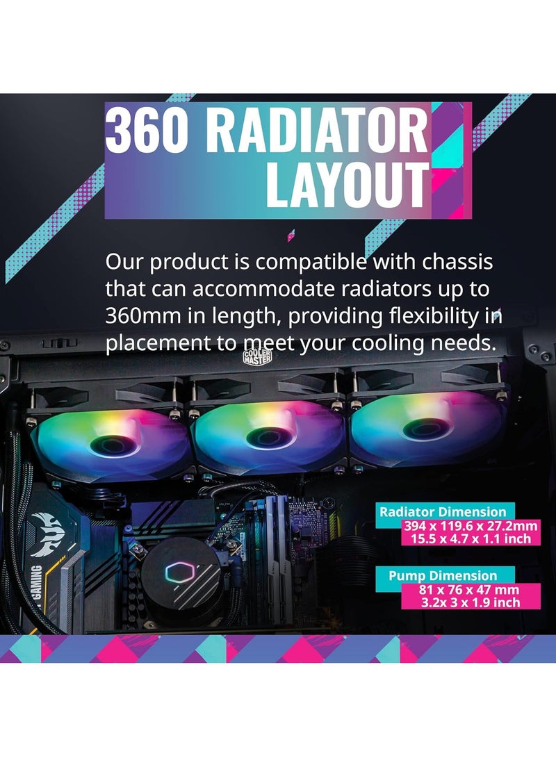 COOLER MASTER - Master Liquid 360L Core ARGB 360mm Close-Loop AIO Liquid Cooler, ARGB Sync, Gen S Coldplate Pump, 120mm PWM, CryoFuze 14W/Mk, AMD Ryzen AM5/AM4, Intel LGA1700/1200 (MLW-D36M-A18PZ-RW) - Image 1