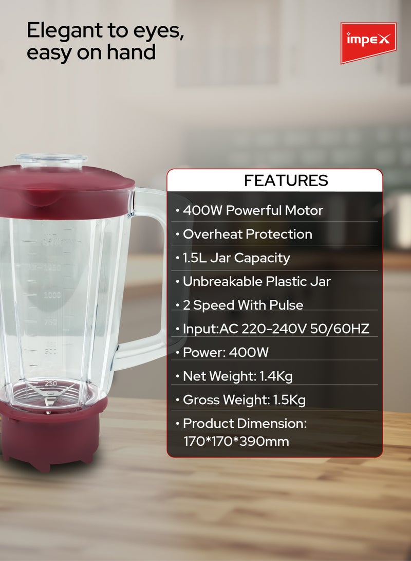 Impex - Countertop Electric Kitchen Blender And Mixer 1.5 Liter Unbreakable PS Jar 400W Powerful Motor 2 Speed Control With Pulse 1.5 L 400 W BL 3500 Maroon - Image 1