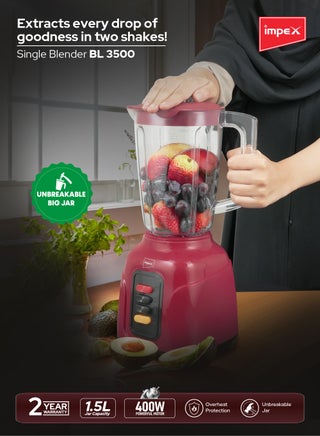 خلاط مطبخ كهربائي على سطح الطاولة وخلاط سعة 1.5 لتر، وعاء PS غير قابل للكسر، محرك قوي 400 واط، 2 تحكم في السرعة مع نبض، 1.5 لتر، 400 واط، BL 3500 ماروني - view 2