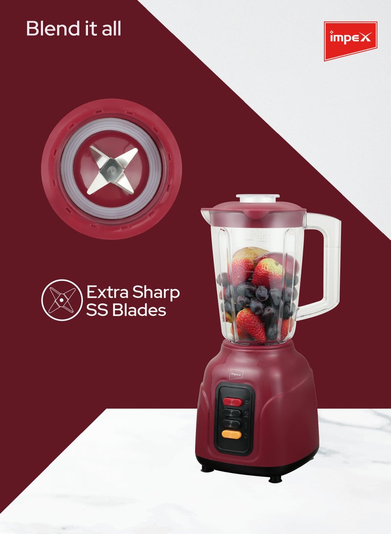 Impex - Countertop Electric Kitchen Blender And Mixer 1.5 Liter Unbreakable PS Jar 400W Powerful Motor 2 Speed Control With Pulse 1.5 L 400 W BL 3500 Maroon - Image 1