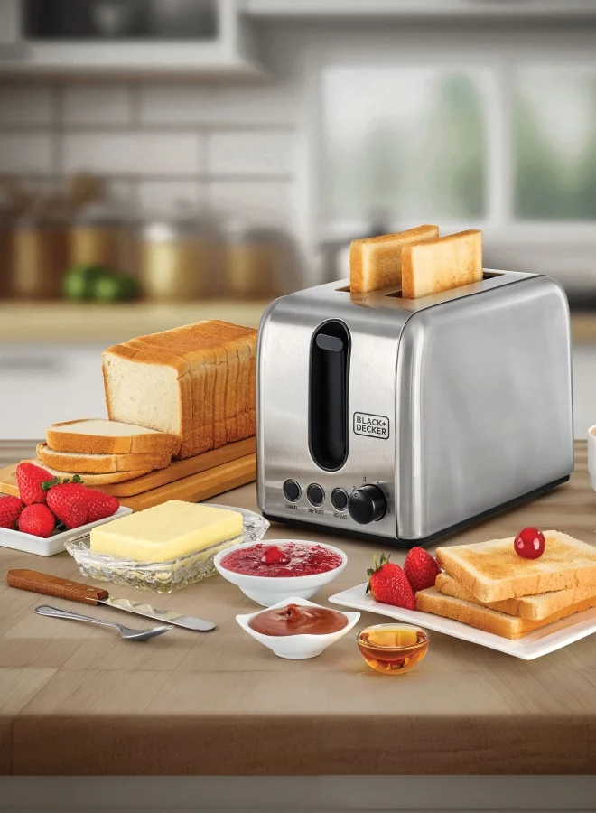 BLACK+DECKER Toaster, 2-Slice, Stainless Steel, Dual-Side Heating, 6 Browning Levels, Defrost, Reheat, Cancel Functions, Wide 36mm Slots, Removable Crumb Tray, Sleek Design, 1050 W ET244-B5 Silver
