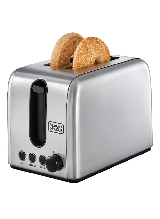 BLACK+DECKER Toaster, 2-Slice, Stainless Steel, Dual-Side Heating, 6 Browning Levels, Defrost, Reheat, Cancel Functions, Wide 36mm Slots, Removable Crumb Tray, Sleek Design, 1050 W ET244-B5 Silver