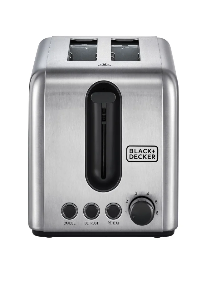 BLACK+DECKER Toaster, 2-Slice, Stainless Steel, Dual-Side Heating, 6 Browning Levels, Defrost, Reheat, Cancel Functions, Wide 36mm Slots, Removable Crumb Tray, Sleek Design, 1050 W ET244-B5 Silver