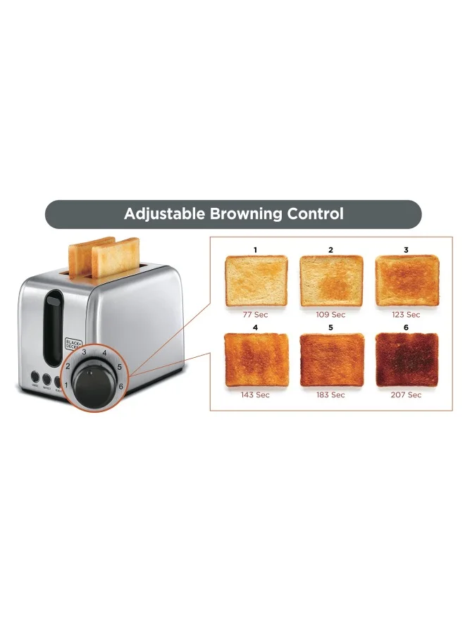 BLACK+DECKER Toaster, 2-Slice, Stainless Steel, Dual-Side Heating, 6 Browning Levels, Defrost, Reheat, Cancel Functions, Wide 36mm Slots, Removable Crumb Tray, Sleek Design, 1050 W ET244-B5 Silver