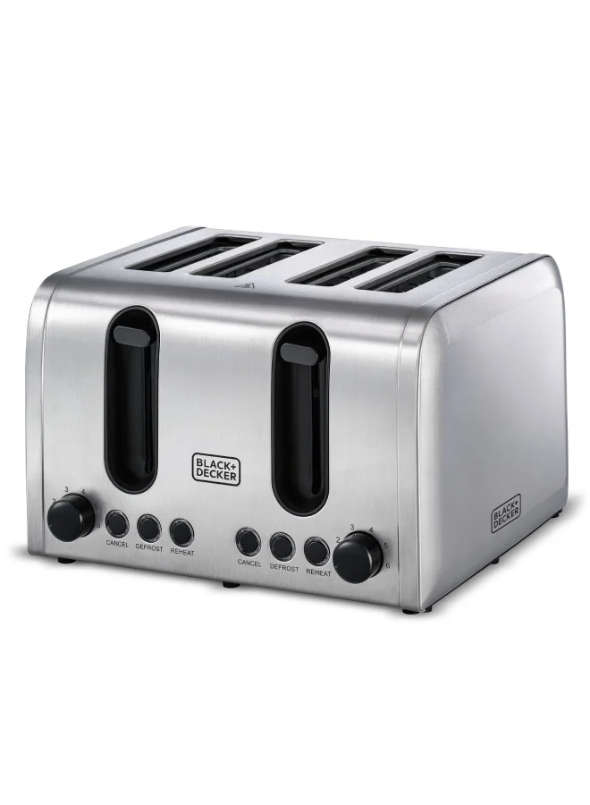BLACK+DECKER 4-Slice Toaster, Double-Sided Heating, 6 Browning Levels, Defrost, Reheat, Cancel Functions, Extra-Wide Slots, Dual Browning Control, Removable Crumb Tray, 2100 W ET444-B5 Silver