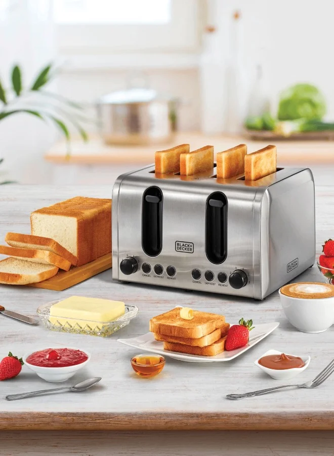 BLACK+DECKER 4-Slice Toaster, Double-Sided Heating, 6 Browning Levels, Defrost, Reheat, Cancel Functions, Extra-Wide Slots, Dual Browning Control, Removable Crumb Tray, 2100 W ET444-B5 Silver